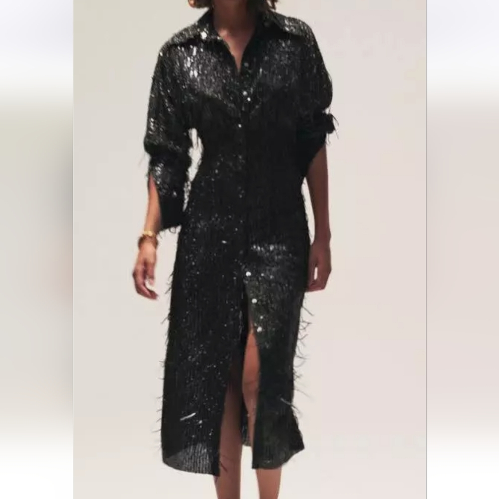 ZARA WOMAN Limited Edition SEQUINED Shirt Dress Black FRINGE Fashion Style